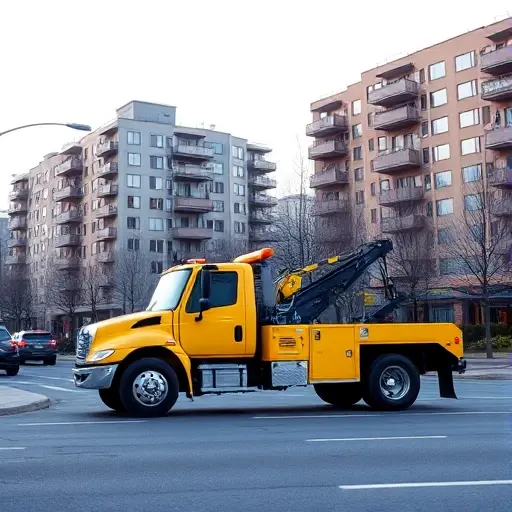 Эвакуатор в 1-м Красногвардейском проезде: Полное руководство A modern yellow tow truck parked on a city street with multi-story residential buildings in the background, daytime, clear weather