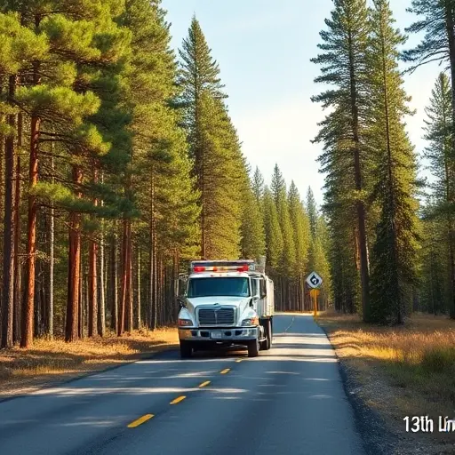 A realistic scene of a tow truck (evacuator) positioned on a forest road surrounded by tall red pine trees, with a subtle road marker indicating the 13th line of the Red Pine area, under a clear sky; the focus is on the vehicle and the natural environment, without any textual signs or symbols
