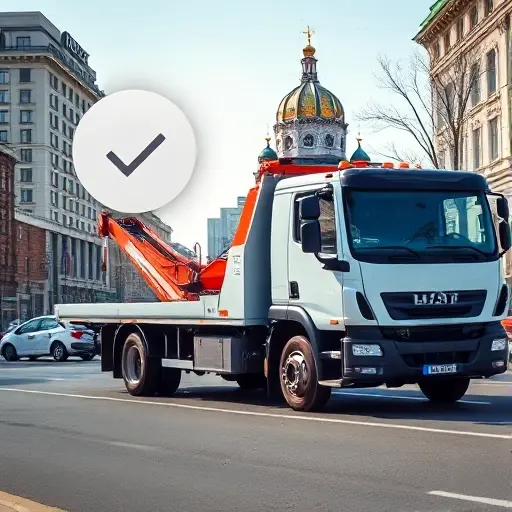 эвакуатор москва расчет цены A realistic tow truck parked on a busy Moscow street, with the iconic Kremlin dome visible in the background. The scene includes a subtle overlay of a calculator icon or numeric symbols floating near the truck to suggest price calculation, without any readable text or numbers. The lighting is bright daylight, and the overall composition is clear and detailed.