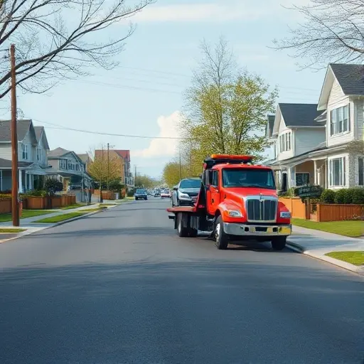 Эвакуатор на 6-й Загородный проезд: Полное руководство A realistic depiction of a tow truck on a quiet suburban street, with a car being towed, surrounded by houses and trees, no text or signage visible