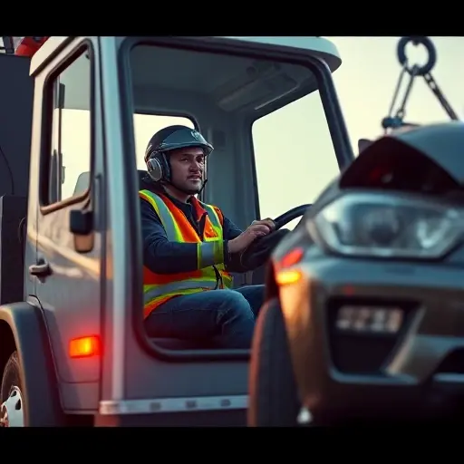A realistic scene of a tow truck driver in a small, detailed setting. The driver is seated in the cab of a modern tow truck, wearing a reflective vest and a helmet. The truck is parked beside a damaged car that is partially hooked onto the tow hook. The background shows a city street with subtle buildings and a clear sky. The focus is on the driver’s hands on the steering wheel, the truck’s front lights, and the tow hook in action, all rendered with high detail and a slightly cinematic lighting.