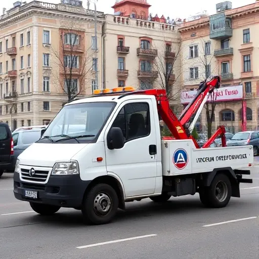A modest, affordable tow truck parked on a Moscow street, with recognizable Russian architecture and a hint of the city skyline in the background. The scene is lively but without any signage, text, or logos, focusing on the vehicle and urban environment.
