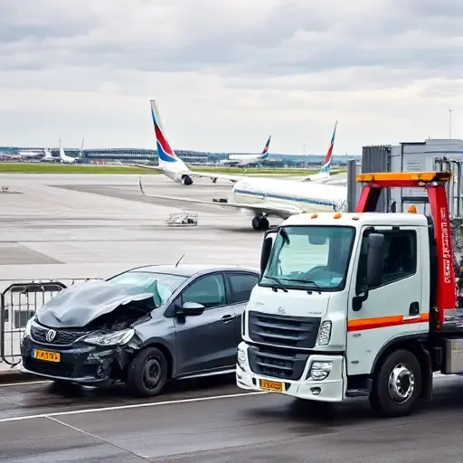 A tow truck parked beside a damaged car at Moscow airport, with the airport terminal and runway visible in the background, illustrating the necessity of towing services in an airport setting