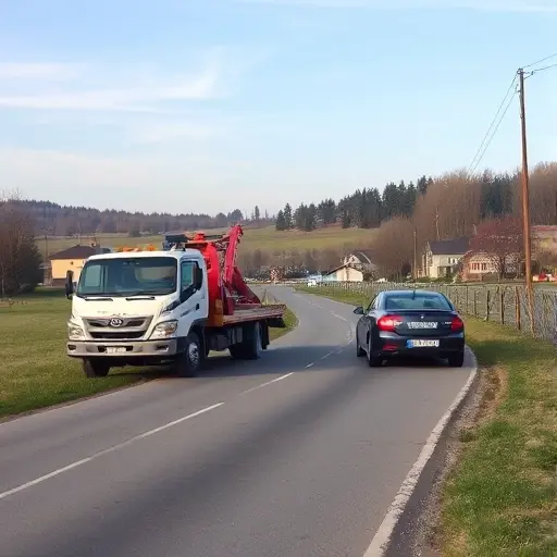 A tow truck parked on a quiet rural road in Surovikino, pulling a stranded car, with a small village backdrop and a clear sky, no text or signage visible