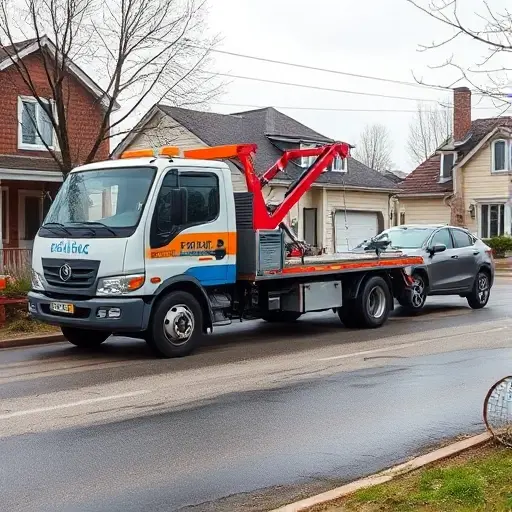 A realistic tow truck (эвакуатор) parked in a small town setting in Верхняя, with a vehicle being towed, showing the service’s relevance. The scene includes the tow truck, a car being towed, and a backdrop of a typical town street or landscape, with no text or signage visible. The image should be clear, detailed, and convey the importance of the tow service in the local area.