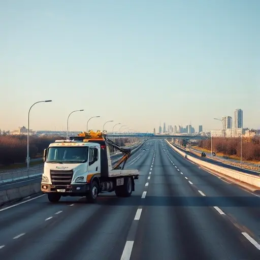 A realistic depiction of a modern tow truck parked on Aminyevskoye highway in Moscow, with the highway stretching into the distance, a clear sky, and subtle hints of the Moscow cityscape in the background. The tow truck should be in a neutral color, with visible towing equipment, and the scene should capture the bustling traffic environment without any textual signage.