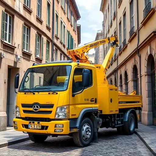Эвакуатор в Арбатском переулке: Полное руководство A modern yellow tow truck with a crane parked on a narrow cobblestone street lined with old buildings, daytime, clear weather, high detail
