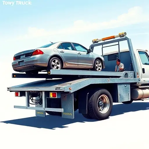 A realistic depiction of a tow truck equipped with a sliding platform, showing the platform in motion, the truck's cab, and a vehicle being towed, set against a clear sky background, with detailed mechanical features and subtle reflections on the metal surfaces.