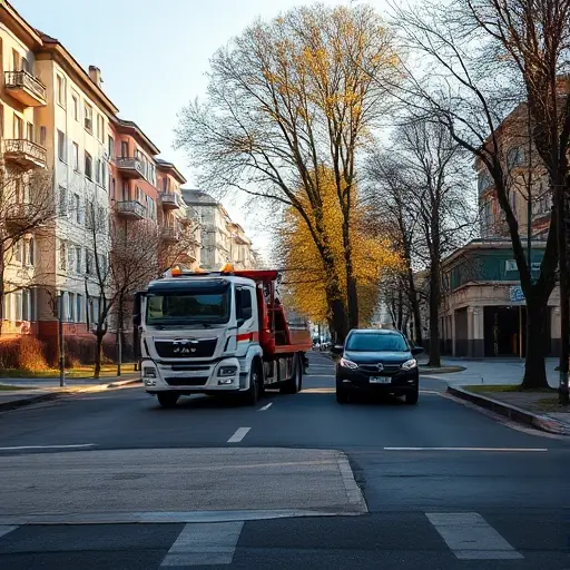 A realistic scene of a tow truck operating on a typical street in Moscow's North-Western Administrative Okrug, surrounded by characteristic residential buildings, trees, and a paved road, with the truck assisting a stranded car under a clear sky