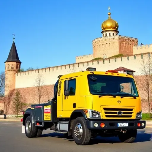 эвакуатор дмитров A realistic tow truck parked in front of the Dmitrov Kremlin, with the historic fortress walls in the background, under a clear blue sky, showing the truck's bright yellow paint and reflective windows, no text or signage visible.