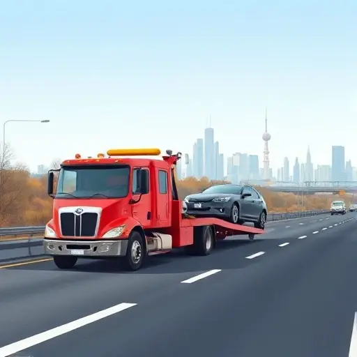 Эвакуатор Москва и Иванковское шоссе: Полное руководство A realistic illustration of a tow truck on Ivankovskoye Highway in Moscow, with a car being towed, city skyline in background, clear sky, no text or signage
