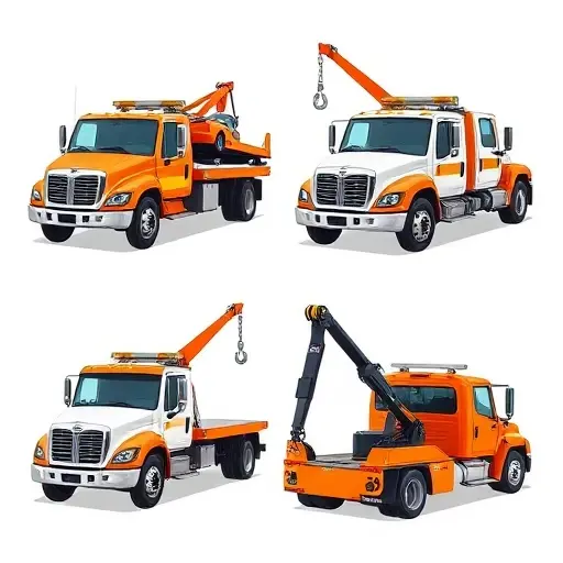 A detailed illustration of four types of tow trucks—flatbed, hook and chain, wheel-lift, and integrated—shown in action, each highlighting its distinctive features, in a clean, modern illustration style.