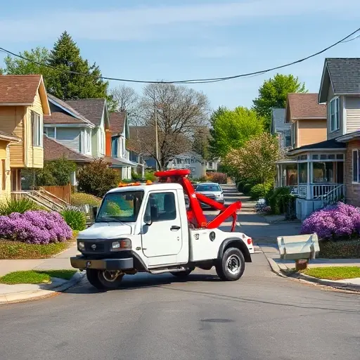 A compact tow truck parked on a quiet residential street named Hungarian Lilac Avenue, surrounded by modest low-rise houses with well-kept gardens, blooming lilac bushes lining the sidewalks, and a clear sky; the scene is realistic and detailed, focusing on the vehicle and the serene neighborhood atmosphere