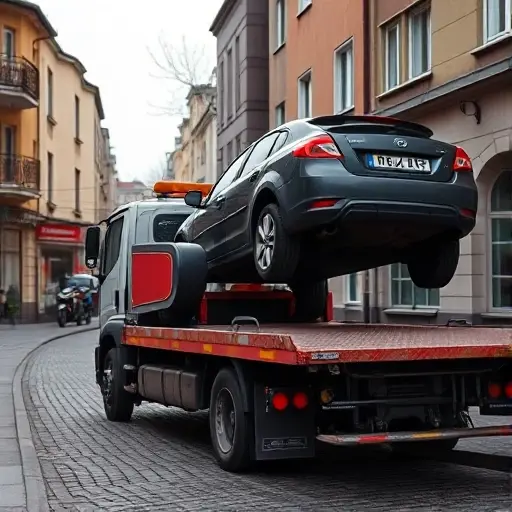 A realistic scene of a tow truck (evakuator) in Istra, Moscow, demonstrating the challenges of loading and unloading a vehicle. The tow truck is positioned near a narrow, cobblestone street with a small car partially lifted onto its platform, showing the difficulty of maneuvering in tight urban spaces. The background includes typical Moscow suburban architecture and subtle hints of traffic, but no signage or text.