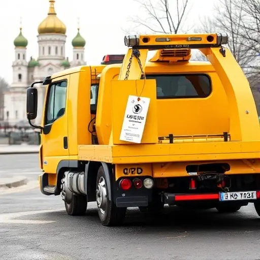 эвакуатор в москве недорого цена A bright yellow tow truck parked near the Kremlin in Moscow, with a price tag hanging from the back that has a simple graphic indicating low cost, such as a downward arrow.