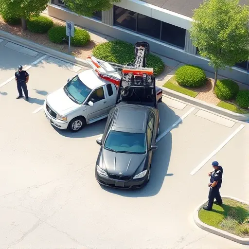 A tow truck in action pulling a car from a parking lot, with a visible parking violation sign and a police officer nearby, all depicted in a realistic, high-quality style