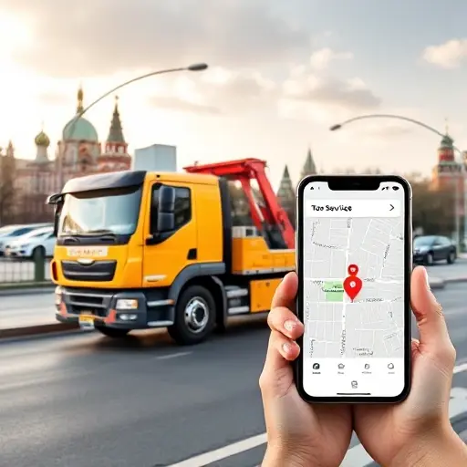 A modern tow truck parked on a Moscow street in the northern district, with a smartphone in hand showing a tow service app interface, a city skyline in the background, and a digital map overlay indicating the pickup location. The scene should convey online ordering of a tow truck through mobile apps and websites.