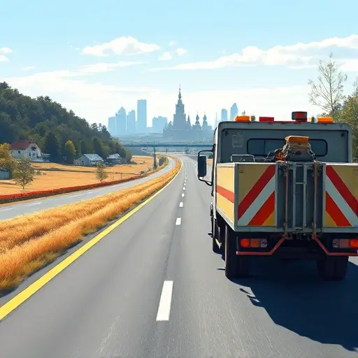 A realistic illustration of a tow truck (evacuator) driving on a highway from a small town to a large city, with the countryside of Shekino on one side and the Moscow skyline in the distance, under a clear sky. The scene should focus on the vehicle and the road, showing movement and the transition from rural to urban environment, without any text or signage.