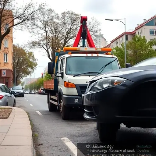 A realistic scene of a tow truck from Molzhaninovsky, Moscow, assisting a broken down car on a city street. The tow truck's hook is attached to the car's front bumper, with the vehicle being lifted slightly. The background shows typical Moscow urban architecture, trees, and a cloudy sky, without any visible text, logos, or signage.