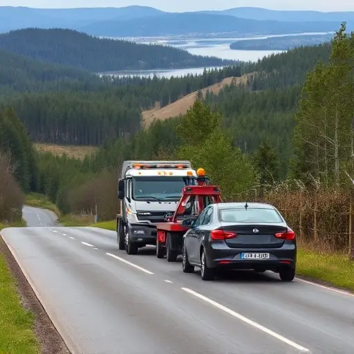 A tow truck pulling a stranded car on a rural road in the Nizhny Novgorod region, with forested hills and a distant view of the Volga River, no text or logos