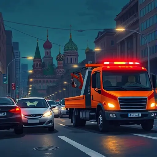 A realistic smallHQ style illustration of a busy Moscow street at night, featuring the recognizable silhouette of the Moscow skyline and streetlights, with a modern tow truck parked beside a broken-down car. The tow truck's emergency lights are on, and a subtle hint of a phone call is shown by a hand holding a phone near the driver, without any visible text or logos.