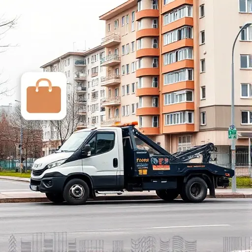 A realistic city scene of Kuntsevo district in Moscow featuring a modern tow truck (evakuator) parked beside a typical Russian apartment building, with subtle visual cues of cost transparency such as a clear, stylized price tag icon floating nearby, all depicted without any textual characters or logos. The background shows recognizable Moscow architecture and a hint of a street sign, emphasizing the local setting.