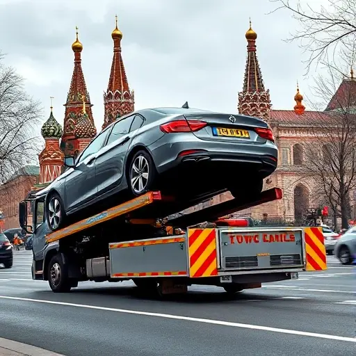 эвакуатор автомобилей цена по москве A realistic scene of a tow truck in Moscow, with the iconic Saint Basil's Cathedral and the Kremlin visible in the background. The tow truck is lifting a sedan onto its platform, showing the service in action. The city streets are bustling, but no people or text are visible, focusing on the vehicle and the recognizable Moscow landmarks.