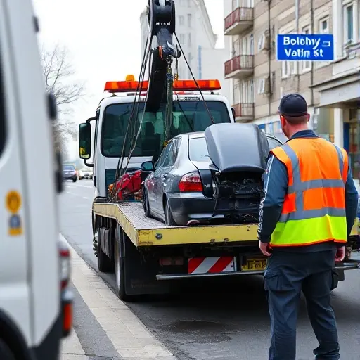A tow truck parked on Bolshoy Vatin Street, with a car being prepared for towing. The scene shows the tow truck's winch and hook, a mechanic in a reflective vest, and a city street with subtle background buildings. No text or signage visible.