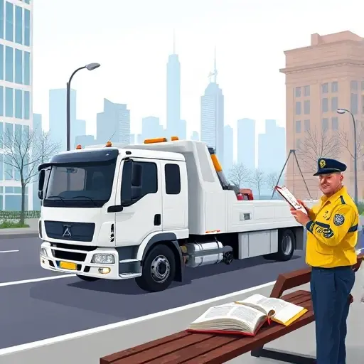 A realistic depiction of a modern towing truck parked on a city street, with a legal book open on a nearby bench, a uniformed officer holding a clipboard, and a city skyline in the background, all in a clear, detailed style.
