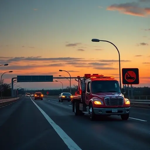 A dynamic scene of a tow truck pulling a stranded car on a highway at dusk, with a large analog clock in the background showing the time, and a road sign featuring a tow truck symbol, all rendered in a clean, realistic style without any text, letters, or numbers