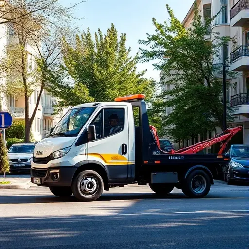 A compact, modern tow truck parked on a quiet suburban Moscow street, surrounded by typical low-rise apartment buildings and leafy trees, with a friendly driver standing nearby, conveying reliability and good reputation, bright daylight, realistic details