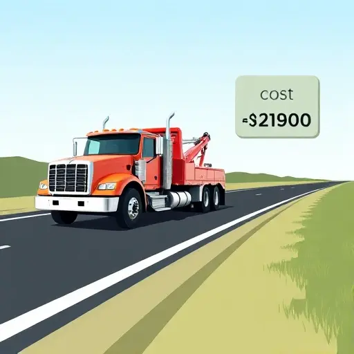 A tow truck parked on a road with a visible distance marker on the side of the road and a floating calculator icon showing cost calculation, all depicted without any text, letters, or numbers, in a clean, realistic style