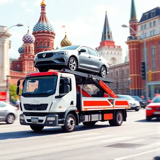 A realistic illustration of a modern car tow truck (evakuator) operating in a busy Moscow street, with recognizable Moscow landmarks such as the Kremlin dome and red brick buildings in the background. The scene shows the tow truck lifting a small passenger car onto its platform, emphasizing professional service and reliability. The atmosphere is bright daylight, with subtle motion blur to convey activity, and the composition highlights the vehicle and city environment without any text or logos.