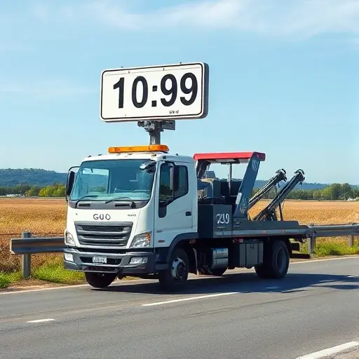 A tow truck parked on a road with a floating price-per-kilometer sign hovering above it, and a stack of official license documents visible in the background, all depicted without any textual elements or numbers