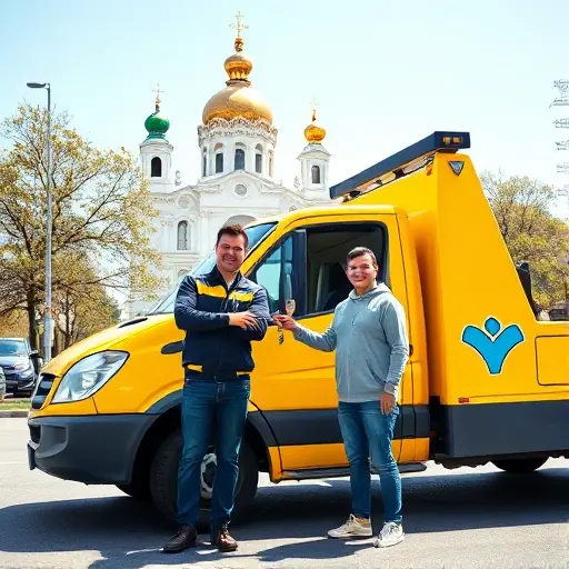A friendly tow truck driver in a bright yellow tow truck, standing in front of the iconic Cathedral of Christ the Savior in Yoshkar-Ola, with a satisfied customer holding a key, both smiling, in a sunny city street, no text or logos