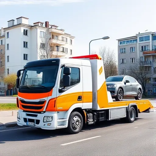A sleek, modern tow truck with a bright orange and white color scheme parked on a clean city street in Pushkino, with typical Russian residential buildings in the background, a car being gently lifted onto the truck's platform, clear daylight, realistic details, no signage or text