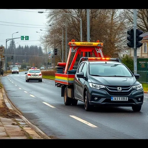 A tow truck (эвакуатор) parked beside a damaged car on a quiet road in the town of Alexandrov, with a small police car and a traffic light in the background, all depicted in a realistic, detailed style
