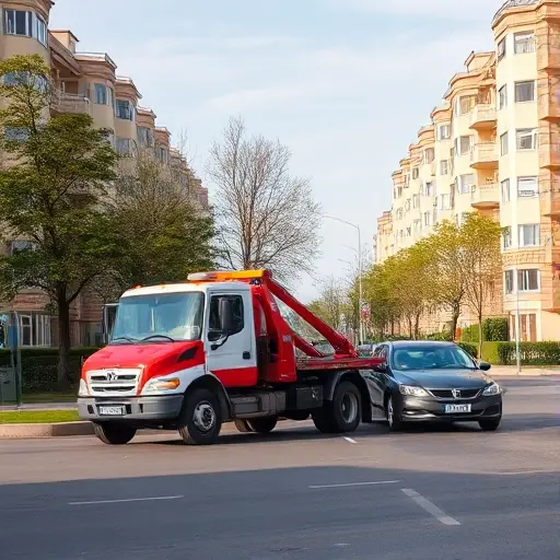 Эвакуатор в районе Головинский: Полное руководство A realistic scene of a tow truck pulling a broken car on a city street in the Golovinsky district, with typical residential buildings, street trees, and a clear sky; the tow truck is prominently centered, the driver is visible, and the surrounding environment reflects an urban Russian neighborhood, without any text, letters, or numbers in the image.