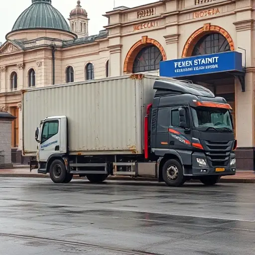 A tow truck partially loaded with a cargo truck, parked near a Moscow metro station, with the station's architectural elements visible, realistic style