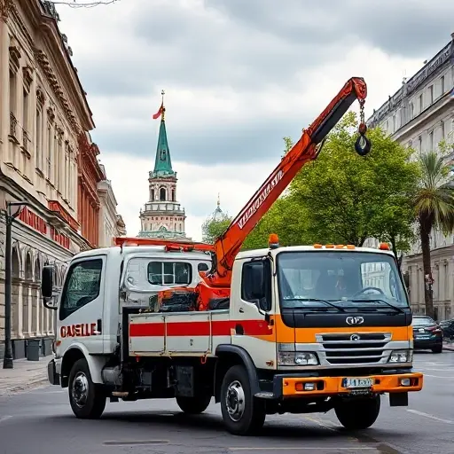 купить газель эвакуатор москве A Gazelle tow truck equipped with a crane and hook, positioned on a Moscow street lined with classic buildings and trees, under a cloudy sky, captured in a realistic smallHQ style