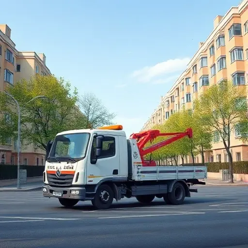 A realistic tow truck (evacuator) parked on a quiet street in the Medvedkovo district of Moscow, with typical Russian apartment buildings and trees in the background, under a clear sky, captured in a compact high-quality illustration style