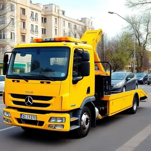 эвакуатор шаховская A bright yellow tow truck parked on a city street in Shakhovskaya, with a small car being towed, urban background with buildings and trees, clear sky, no text or logos