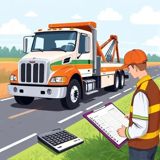 A realistic illustration of a tow truck parked on a road, with a calculator and a clipboard beside it, and a person in a work uniform looking at the clipboard. The scene should convey the idea of calculating tow truck costs, with a clear focus on the vehicle, calculator, and person, but no text or numbers visible.