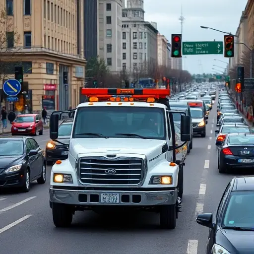 A tow truck parked on Bolshaya Kalitnikovskaya Street during peak traffic, surrounded by a busy city scene with cars, traffic lights, and pedestrians, all in a realistic urban setting, no text or signage visible