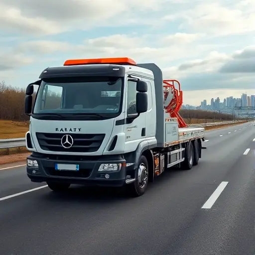 A modern tow truck (evacuator) parked on a highway between Moscow and Balashikha, with a clear view of the road and distant city skyline, no people, no text or signage, emphasizing the vehicle's type and features