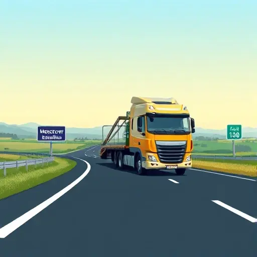 A realistic illustration of a tow truck traveling on a highway between Moscow and Balashikha, with a clear road and distance markers indicating the distance between the two cities, set against a scenic Russian countryside background, no text or numbers visible