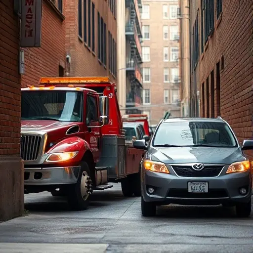 A realistic scene of a tow truck in a narrow city alley pulling an illegally parked car. The alley is lined with brick walls and streetlights. The tow truck has its front lights on and a subtle city service logo on its side. The illegally parked car is partially visible, with a visible bumper. The focus is on the interaction between the tow truck and the car, showing the tension of illegal parking and city enforcement.