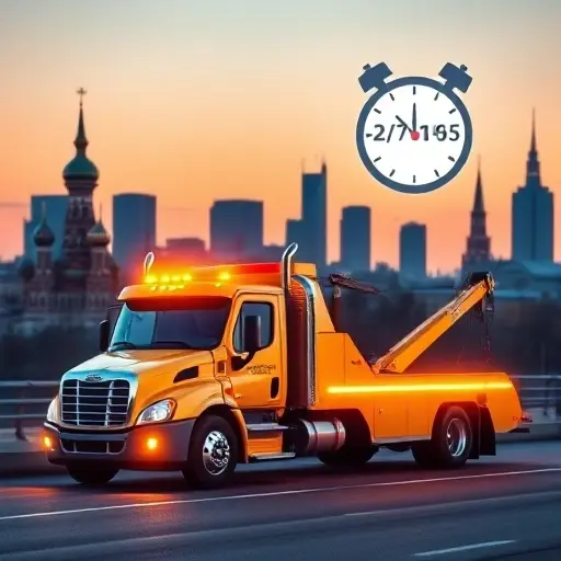 эвакуаторы в москве дешево круглосуточно цены A bright, modern towing truck parked in front of a recognizable Moscow skyline at dusk, with a large, stylized clock icon indicating 24/7 service and a subtle price tag icon to suggest affordability, all rendered in a clean, realistic style.