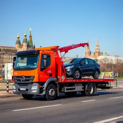 A realistic tow truck operating on a road near Moscow, with the city's skyline and recognizable landmarks like the Kremlin towers in the background, the tow truck is lifting a disabled car onto its platform, clear sky, detailed vehicle textures, no text or signage