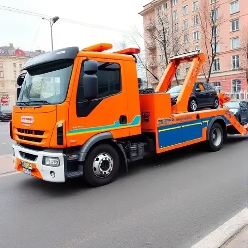 A modern, well-maintained tow truck in bright colors parked on a Moscow street in the East Degunino district, with a friendly driver standing beside it, a small cityscape in the background, and a car being towed.